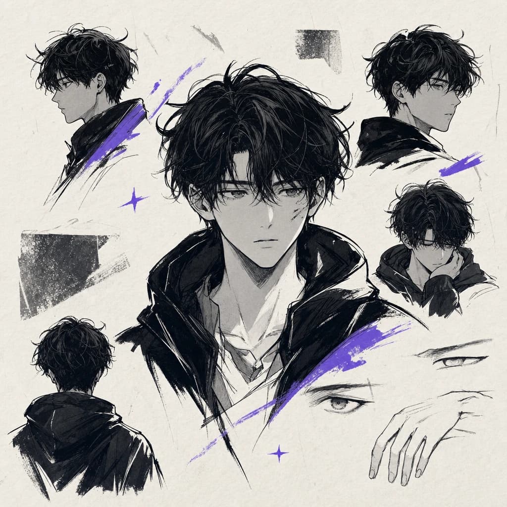 Character reference study showing several views of a webtoon protagonist