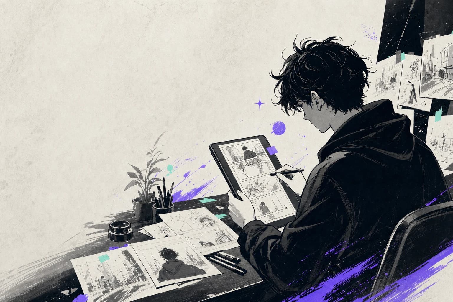 Webtoon creator reviewing a vertical episode storyboard at a desk