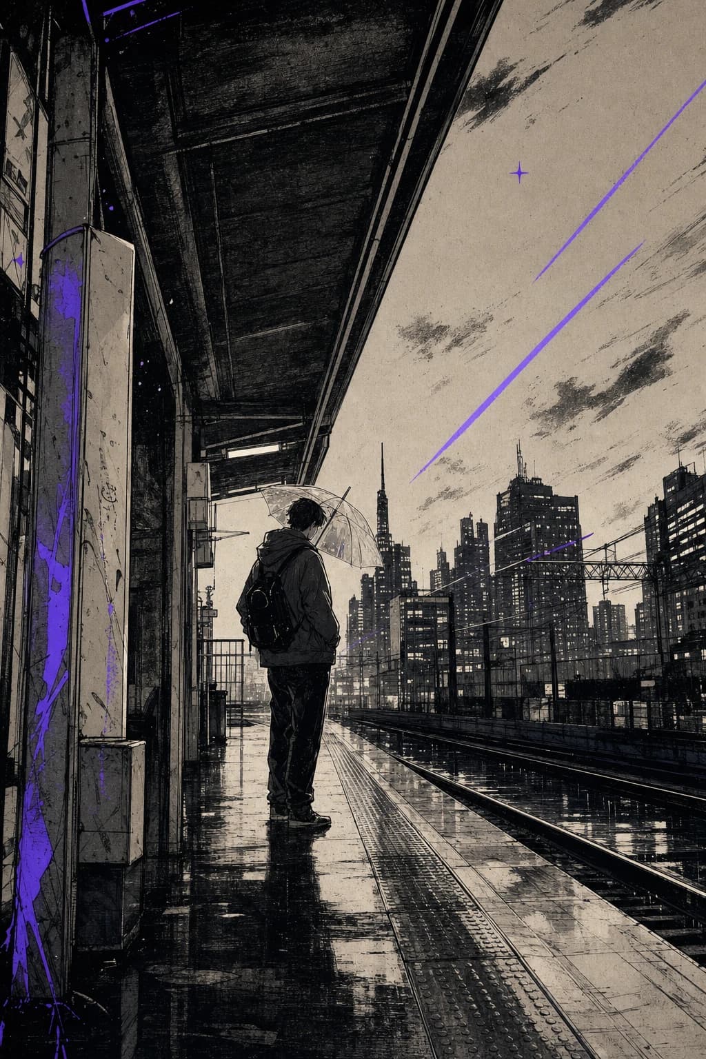 Ink-style city train platform scene with a lone character under an umbrella