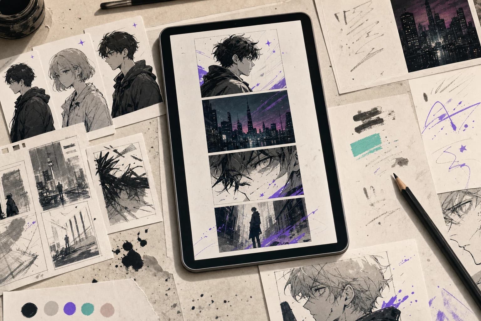 Overhead view of a tablet, episode panels, character references, and production notes